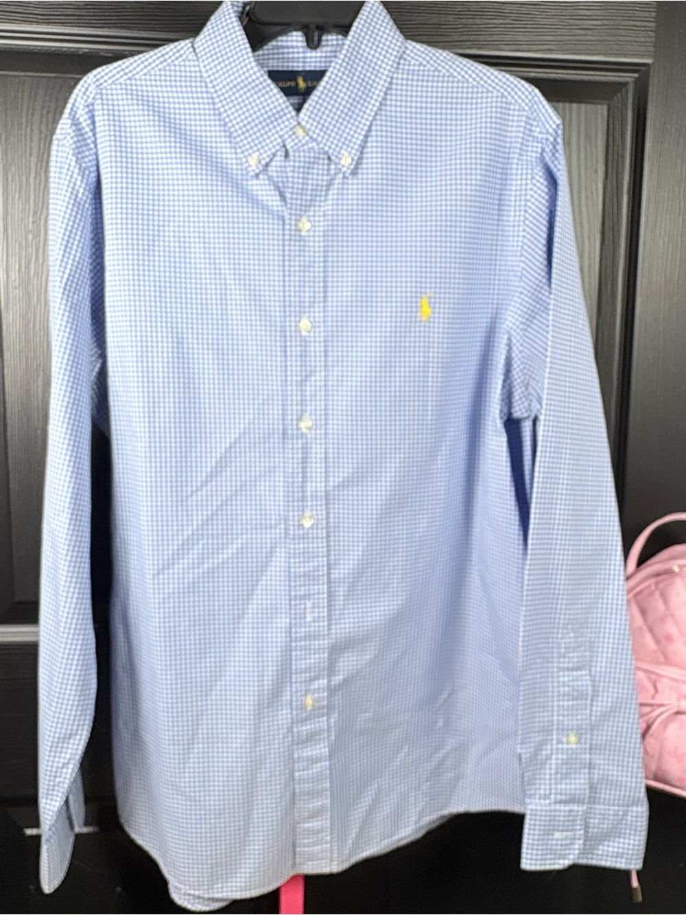 Ralph Lauren Blue Gingham Button-Down Shirt with Yellow Pony